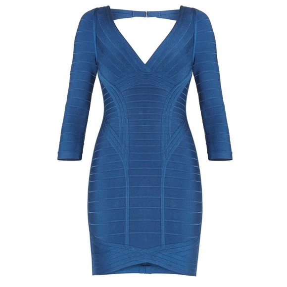 Herve Leger Kahli Bandage Dress S Royal Blue V-Neck 3/4 Sleeve Bodycon Y2K Glam - Picture 2 of 14